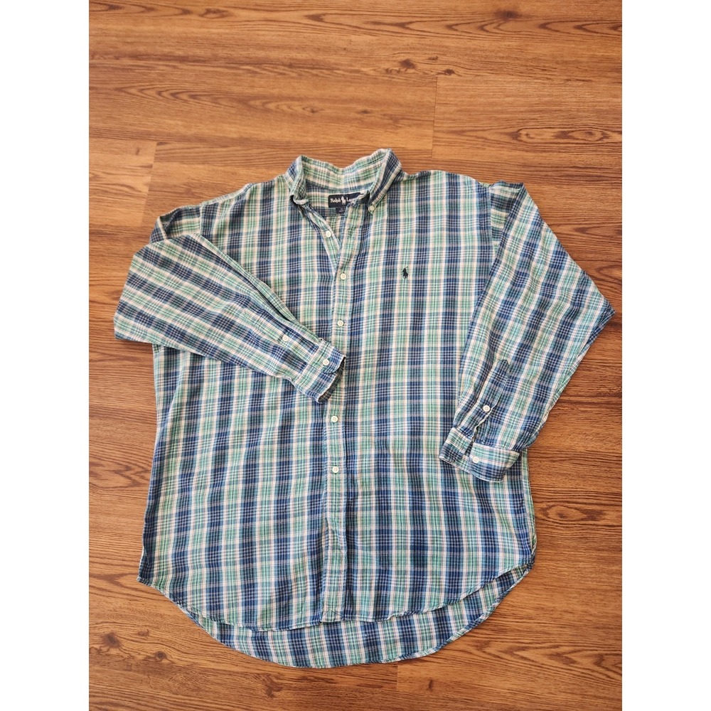 Ralph Lauren Blaire Mens Large Green Blue Plaid Cotton Button Down Shirt
